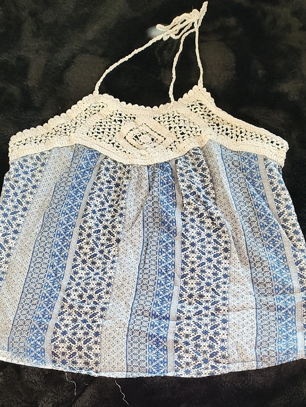 Full Tilt Blue Patterned Camisole with Cream Crochet Halter